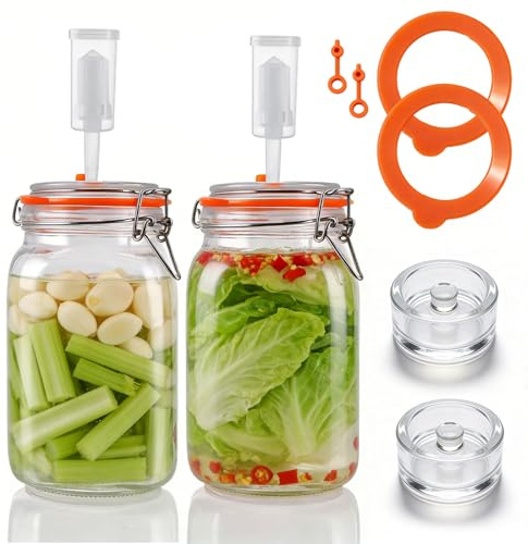 1,5L Fermentierglas, 2er Fermentationsglas kimchi behälter mit Gärventi & Gewicht, Gärglas für Sauerkraut, Kimchi, Kombucha und Pickles