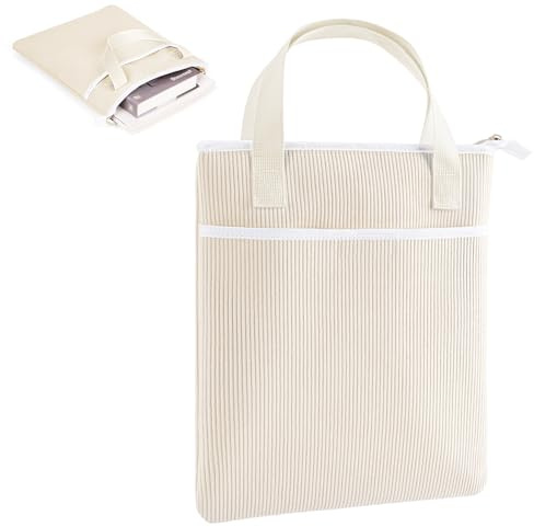 31x26cm Custodia Libro Regali per Amanti dei Libri con Cerniera e Tasca Frontale Borsa Porta Copertina Libri in Vellu a Coste con Protezione in Polyester per Copertine Libri Scolastici (Beige)