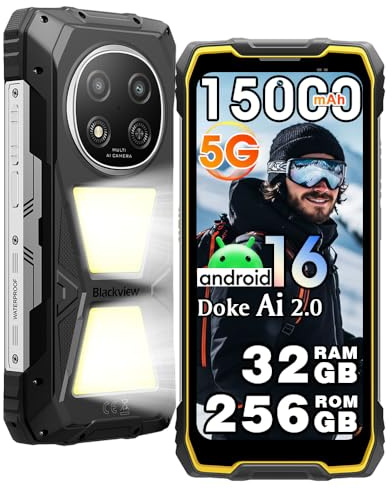 Blackview Rock 2 Pro 5G Outdoor Handy mit 400 lm Campinglampe, Android 16, 32GB+256GB/512GB TF, 6,67 HD+120Hz, 15000mAh Outdoor Smartphone, 16MP+13MP, Wasserdicht Smartphone IP69K/OTG/NFC/GPS/Gelb
