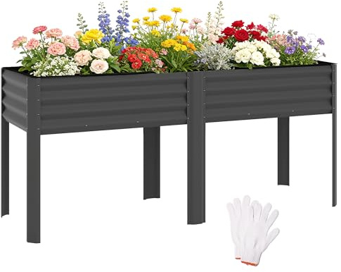 Outsunny Hochbeet aus Metall Erhöhtes Frühbeet 180 x 55 x 80 cm Dunkelgrau | Extra Großer Pflanzkasten, Verstärkungsstreben, Vliesstoff, Pflanzbeet, Kräuterbeet für Garten Balkon Terrasse