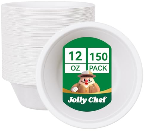 JOLLY CHEF 12 oz 150 Pack Disposable Compostable Bagasse Bowls Paper Bowl | Biodegradable Eco-Friendly Sugarcane Bowls, Microwavable, Strong Soup Containers Heavy-Duty for Hot & Cold Food Milk & Salad