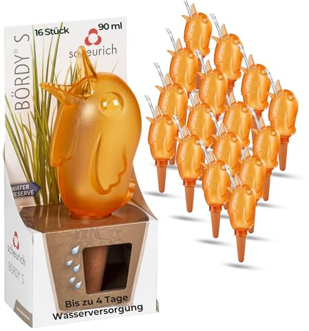 Scheurich Wasserspender S Bördy | 16 x Orange | 90ml Füllmenge | Bewässerungskugel klein mit Ton Fuß | Wasserspender Pflanzen und Blumen Terrakotta Stiel
