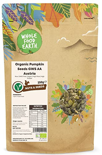 Wholefood Earth Organic Pumpkin Seeds GWS AA Austria 250g Raw | GMO Free | Vegan | High Fibre | High Protein | Certified Organic