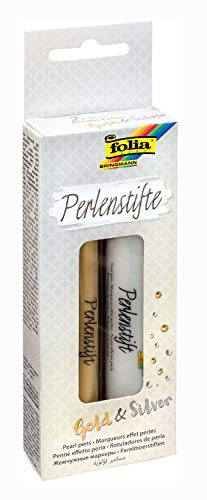 folia 36204 - Perlenstifte Set Gold & Silber, 2 Perlen Pens mit je 30 ml Farbe in gold und silber, für 3D Farbpunkte auf Papier, Textil, Holz, Keramik, nach Trocknung wasserfest, waschbar