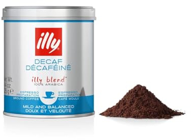 illy Decaffeinated Ground Coffee, Medium Roast, 100% Arabica, Finely Ground for Espresso & Moka Pot Coffee Makers, Low Caffeine, 125g Tin