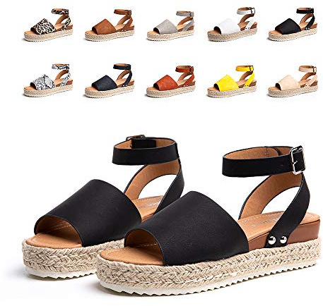 Womens Platform Sandals Ladies Summer Wedge Espadrilles Sandal Buckle Ankle Strap Comfy Peep Toe Flatform Shoes Black Size 5 UK