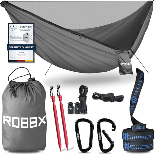 ROBBX® Hängematte Outdoor mit Moskitonetz, 300 kg, Befestigungs-Set, Nylon