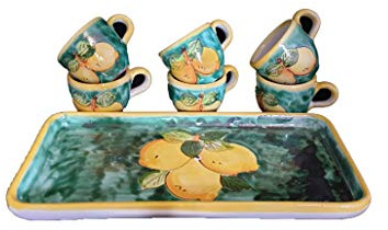 Generico Servizio 6 Tazzine Caffè con Limoni e Vassoio in Ceramica di Vietri Dipinte a Mano, Lunghezza 27,50 cm Larghezza 13 cm, Arredo Costiera Amalfitana Made in Italy