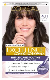 L'Oréal Paris Excellence Cool Crème Permanent Hair Dye, Radiant At-Home Hair Colour with up to 100% Grey Coverage, Pro-Keratin, Up to 8 Weeks of Colour, Colour: 4.11 Ultra Ash Brown