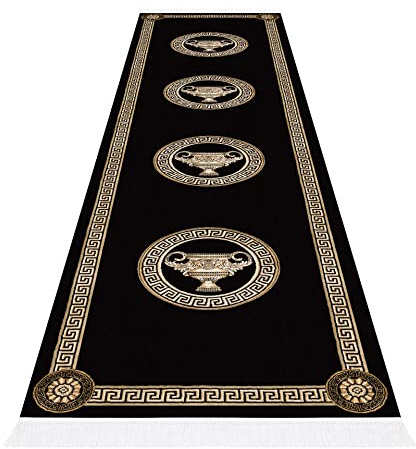 Premium hallmatta, löpare, löpare i svart guld, mäander amfore-mönster med fransar, hall, sovrum, vardagsrum kort lugg, fluffig, halkfri, sidenutseende, 100 % viskos 80 x 200 cm