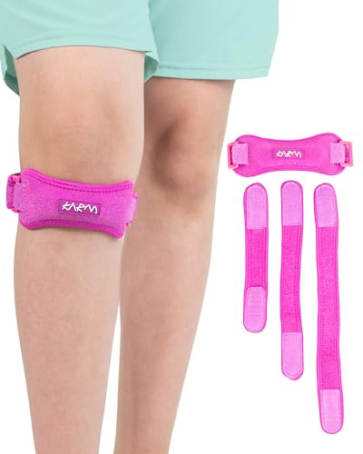 KARM Correa de soporte para rodilla para niños - Rodilleras Osgood Schlatter para niñas y niños | Correa de rodilla para patellar tendonitis, Condiciones de dolor de rodilla y deportes (1PC, Rosa)