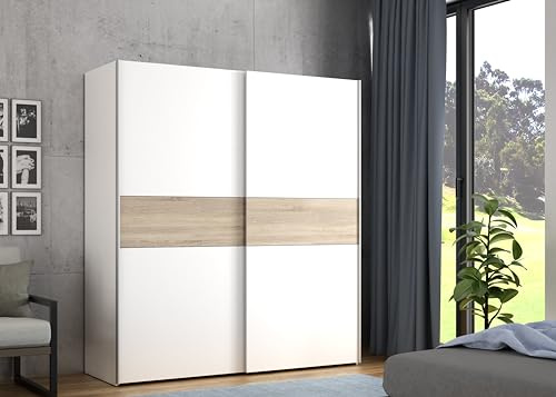 Forte Armadio LONGLINE 170, Guardaroba, Ante Scorrevoli Scandinavo Camera da Letto 2 Ante Ripiani Asta Appendiabiti, Bianco/Decoro Legno: Rovere Sonoma, 170x190.5x61 cm