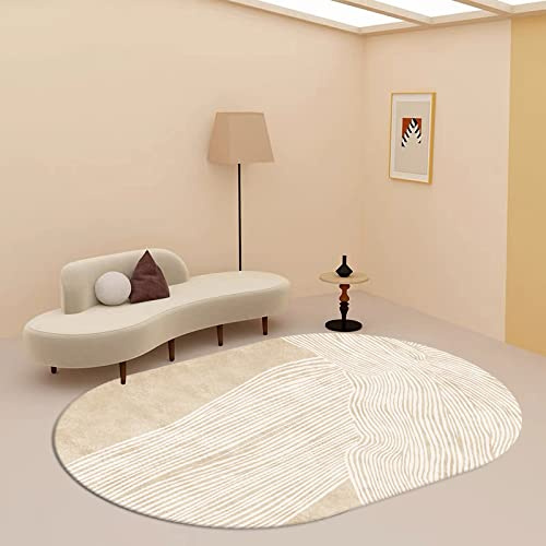 SRTJURFG Teppich Oval rutschfest Waschbar Küchenteppich Abstrakte Linien Beige Flauschige Groß Schutzmatten für Wohnzimmer, Flur, Schlafzimmer, Kinderzimmer 80 x 120 cm