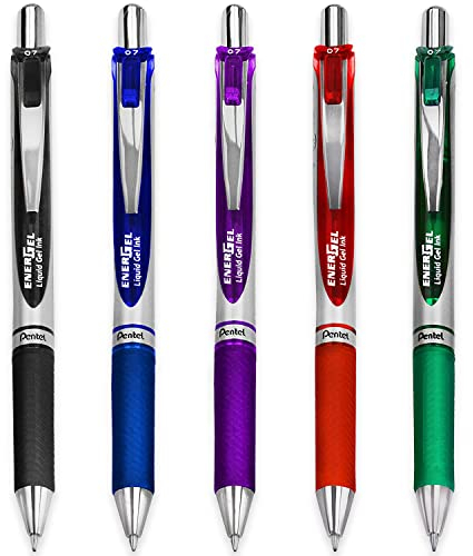Pentel EnerGel XM BL77 – einziehbarer Flüssiggelschreiber – 0,7 mm – 54 % recycelt – Schwarz, Blau, Rot, Grün und Violett – 5 Stück