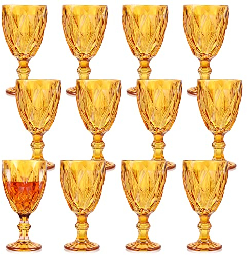 Yinder 12 Pack Glass Goblet Vintage Wine Goblet Embossed Glassware 10 oz Solid Color Glass Goblet for Iced Tea Beverage Stemmed Cups Soda Juice Water Liquor and Party Wedding Bars Restaurants (Amber)