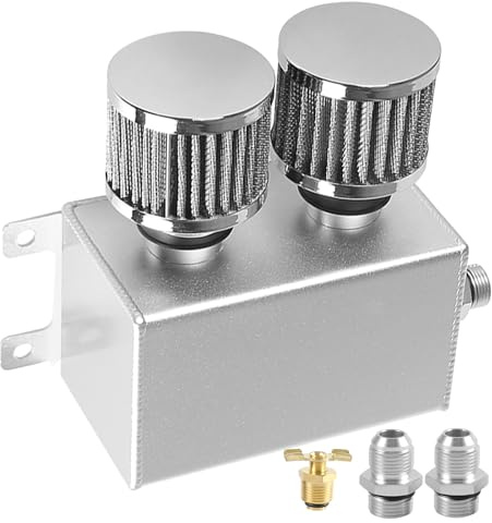 BOMLING 1.2L Universal AN10 Twin Baffle Dual Filter Engine Oil Catch Can Tank Reservoir Tank Can Breather Kit (Silver-1200ml)