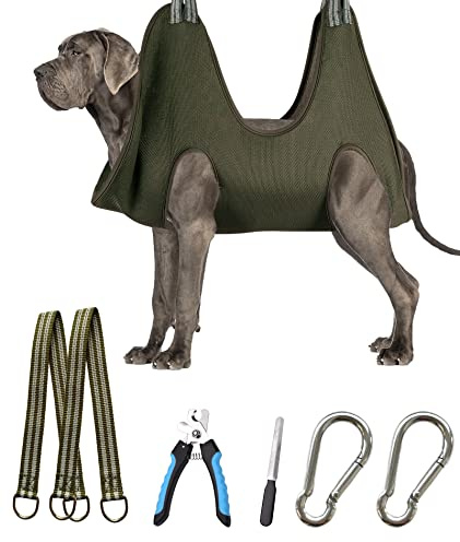 Kkiimatt 10-in-1 Haustier-Hundepflege-Hängematten-Geschirr mit Nagelknipser, Nagelfeile, Hunde-Nagelschneide-Hängematte, Fellpflegeschlinge zum Nageltrimmen/-schneiden, XXL+/max. 45,4 kg, Khaki-Grün