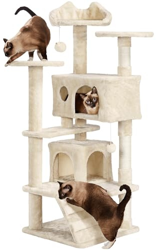 Yaheetech Árbol Rascador para Gatos 139cm Torre con Postes Sisal Beige | Estable a los saltos，postes cuerda de sisal, Bola colgante sustituible，Condominio grande，Correa antivuelco, fácil de montar