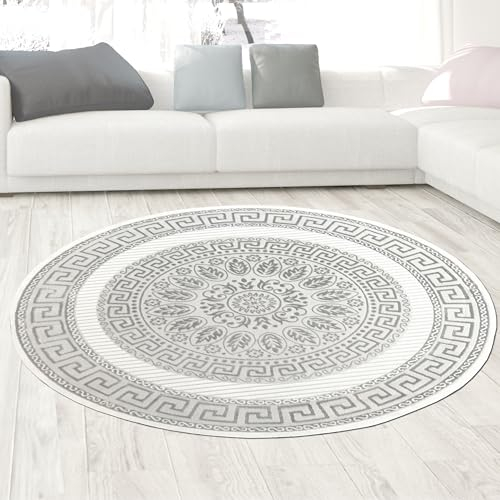 CARPETIA Wohnzimmer-Teppich Schlafzimmer edel elegant glänzend Kurzflor Designerteppich modern Creme grau Durchmesser 160 cm Rund