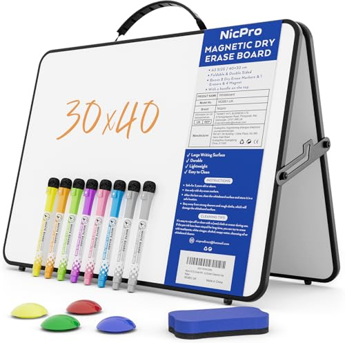 Nicpro Dry Erase Whiteboard Foldable A3 with Stand & Handle, 30 x 40 cm Double Sided Magnetic Desktop White board with Pens, Eraser Magnet, Portable Writing Easel for Kid Drawing Student Classroom Use