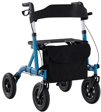 COSTWAY Foldable Rollator, Height Adjustable Rolling Walker with Seat, 24CM All Terrain Wheel, Storage Bag, Lightweight Walking Aid Frame for for Elderly & Disabled, 136 KG Weight Capacity (Blue)
