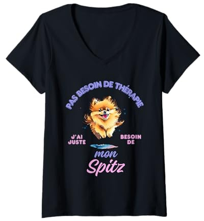 Femme Spitz nain Cadeau Humour Chien Loulou de Poméranie T-Shirt avec Col en V
