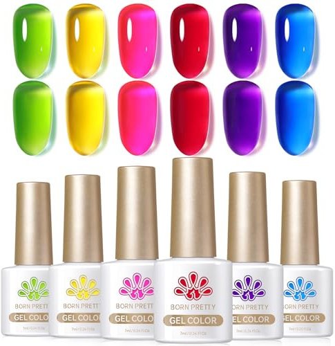 BORN PRETTY Jelly Gel Nail Polish Neon Gel Polish Crystal Transparent Spring Summer Colorful Gel Polish Green Yellow Hot Pink Red Blue Purple Nail Art Varnish Manicure 6Pcs Neon Garden 30% Ice Jelly