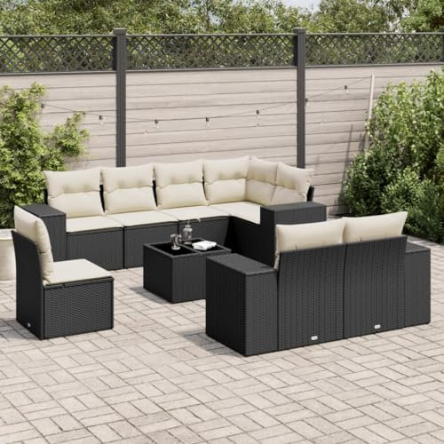 Rantry 9-TLG. Garten Sofagarnitur mit Kissen Gartensofa mit Stauraum Loungesofa Gartenlounge Balkonmöbel Gartenmöbel Rattansofa Ecksofa Sitzgruppe mit Gartentisch Gartenset Poly Rattan Schwarz