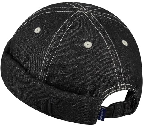 CLAPE Denim bomull dockarkeps herr broderi dockare mössa sjömansmössa justerbar hamnmössa rullmössa retro beanie brimless hat, HBMH1-svart, one size