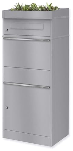 Metzler Paketbriefkasten groß mit Pflanzdach und Edelstahl-Paketfach, wetterfest und abschließbar, Graualuminium RAL 9007, freistehend für DHL Pakete bis Größe M, modernes Design, große Fächer
