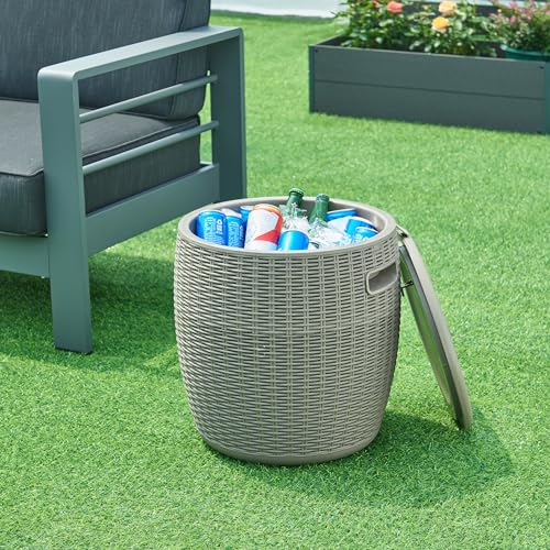 casa.pro Contenitore Multifunzionale da Giardino Sgabello Portaoggetti da Esterno Contenitore a Seduta Forma di Barile in Plastica Effetto Rattan Alto 44 cm Ø40 cm Marrone Chiaro