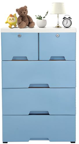 MINRS Rollcontainer, Schubladenschrank mit 5 Schubladen Schubladen Bürowagen mit Rolle, Schubladenkommode mit Schlössern Bürocontainer, Kunststoff (PP) 50 x 35 x 102cm Blau