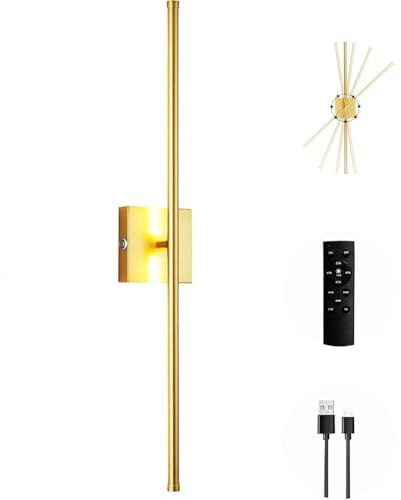 LOGT LED Spiegelleuchte Kabellos Akku Wandlampe 360° Drehbarer Wandleuchte mit Fernbedienung und Touch Dimmbar Lange Wandbeleuchtung USB Aufladbare Innen Leselampe 5000mAh 7W (Schwarz),Gold