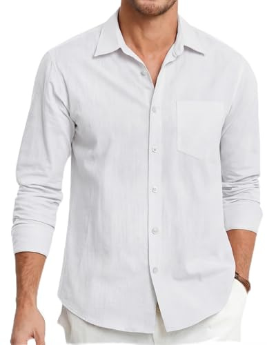 HISDERN Men's White Linen Shirts Long Sleeve Lightweight Button Up Regular Fit Casual Summer Beach Shirt with Pocket XL