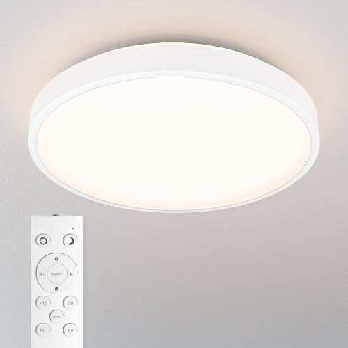 HOFTRONIC - LED Deckenlampe Badezimmer Weiß 35 cm - Ultra Flach - 24 Watt Dimmbar mit Fernbedienung - CCT 3000K, 4000K, 6500K - IP44 Wasserdicht - Deckenleuchte Plafonniere