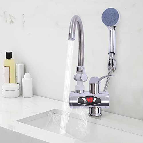 3000W Wasserhahn Durchlauferhitzer, Elektrischer Warmwasserbereiter Dusche Set, 360° drehbar, Heizung 30-60°C mit Duschkopf und LCD Temperaturanzeige für Küche Bad EU-Stecker