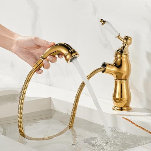 Wasserhahn Waschbecken für Badezimmer Waschtischarmatur Badarmaturen Vintage Wasserhahn Bad für Waschbecken Einhebel Badarmaturen mit ausziehbarer Brause heiß und kalt Gold