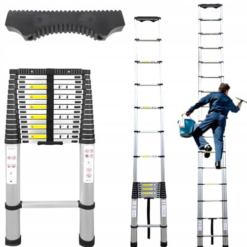 Hooha Dachbodenleiter für Zuhause Dachboden 6.3m Alu Leiter mit Rutschfesten Füßen Mehrzweckleiter rutschfeste Sicherheitsleiter mit Gasket & Stabilisatoren & Räder Ausziehbar Tragbar Leicht 150KG