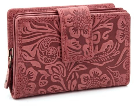 ekavale Damen Geldbörse aus Leder mit RFID-Schutz, Geldbeutel für Moderne Frauen Blüten Muster (Bordo)