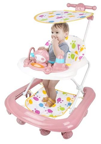 Girello Bebe con set di gioco e tappetino da pavimento, aiuto per camminare robusto pieghevole con 5 posizioni regolabili, ideale come aiuto per camminare per i primi passi del vostro bambino (rosa-62