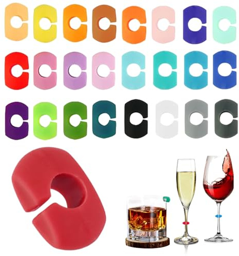 SOGHO 24 Stück glasmarkierer,markierer Silikon,glas markierung trinkgläser,glasmarker,Markieren,Wiederverwendbarer,gläser markieren,glasmarkierer silikon,Markierer Für Wein Champagner, Martini, Trink