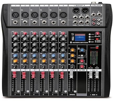Mesa de Mezclas de Audio, Mezclador de estudio profesional de 6/8/12 canales con Bluetooth, USB, consola de mezcla de sonido for DJ, alimentación fantasma de 48 V, amplificador de monitor(6 Channels)