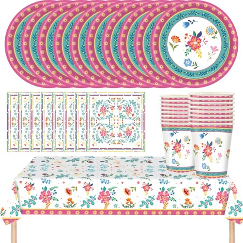MOMAHUA 53 Piece Tea Party Tableware Set Elegant Floral Tableware Collection with Tablecloth,Plates,Cups&Napkins Complete Afternoon Tea Service for 16 Guests Wedding&Birthday Party Decor