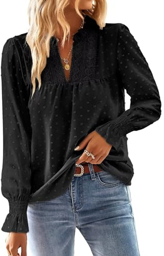 TUUHAW Camisa Mujer Manga Larga Boho Blusa Otoño Elegante con Cuello en V 2025 Moda Bordado Encaje Casual Top Punto Suizo Ropa Color Sólido Suelto Basic Túnica con Mangas de Volantes Negro L