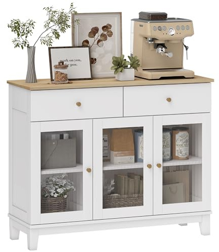 HOMCOM Aparador 3 Puertas Vidrio Estriado 2 Cajones 100x35x80,3 cm Blanco