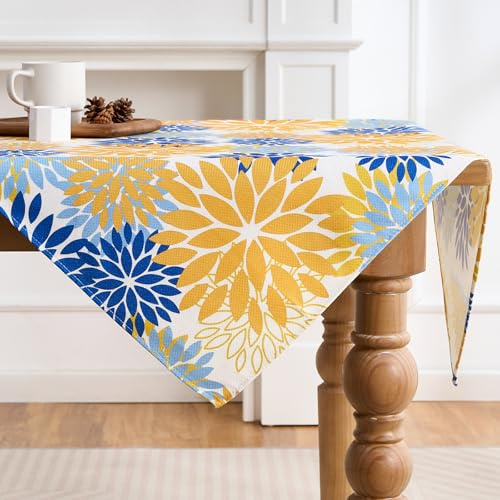 Gelb Blau Tischwäsche Dahlie Flowers Modern Baumwolle Tablecloth Tischdecke Herbst Table Decoration Saisonnal Tischdecke Abwaschbar Outdoor Deco Party Table Cloth 85 x 85 cm