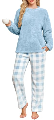 UMIPUBO Pigiama Donna Invernale Pile Due Pezzi Caldo Pigiami da Casa Felpato Set con Tasche Elegante Manica Lunga e Pantalone Lungo Indumenti da Notte Loungewear Natale Regalo Regali