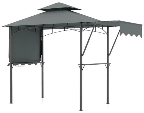 SPOTRAVEL BBQ Gazebo, Metal Frame Double Tiered Grill Shelter with 2 Side Shelves, Outdoor UV Resistant Grill Patio Canopy (Grey, with Extra Awnings, 4 x 1.5M)