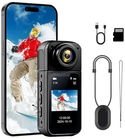 Action Cam 64GB 180° Drehbar 2,7K HD, Body cam Körperkamera, Actionkamera mit 1,47-Sensor, Freihand-POVs, APP-Steuerung, 120° Weitwinkel Mini Kamera, Fahrradkamera, Nachtsichtkamera für Vlogs, Sport