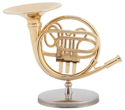 Kukyller Goldene Waldhorn-Replik mit Ständer, Mini-Instrumentenmodell, Ornamente, Waldhorn-Musikinstrument, hängende Verzierung für Party, Zuhause